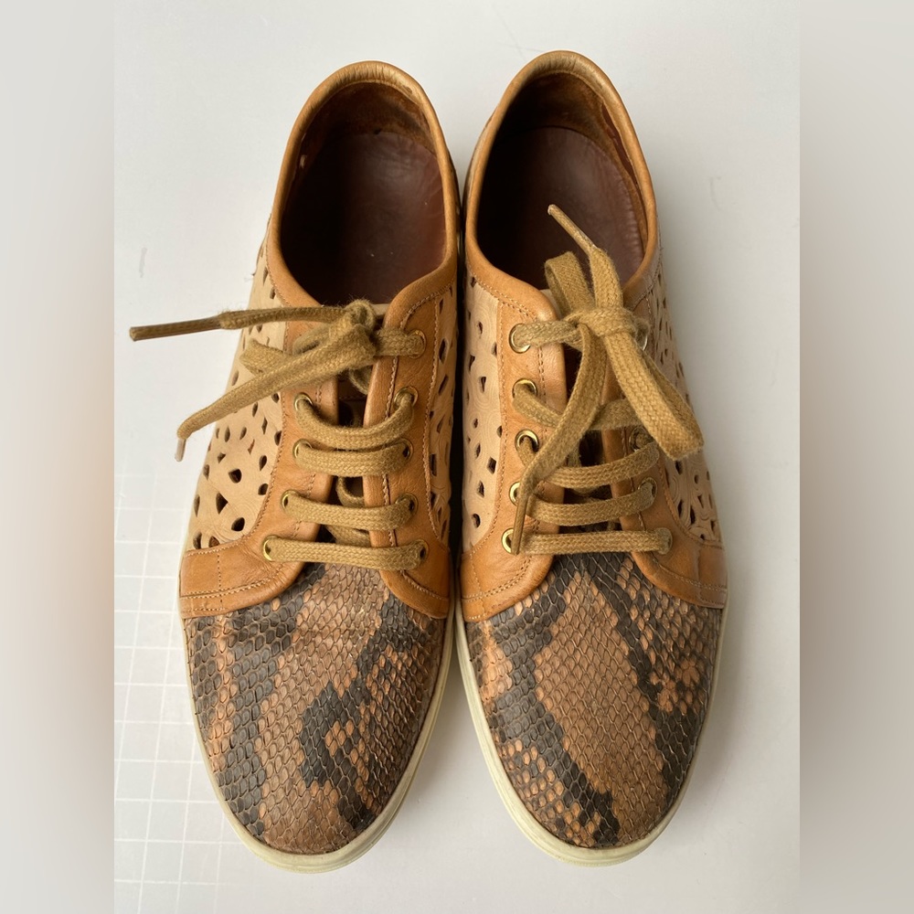 Franco Cuadra Brown casual Women's Python Snakeskin Leather Sneakers US 7-71/2